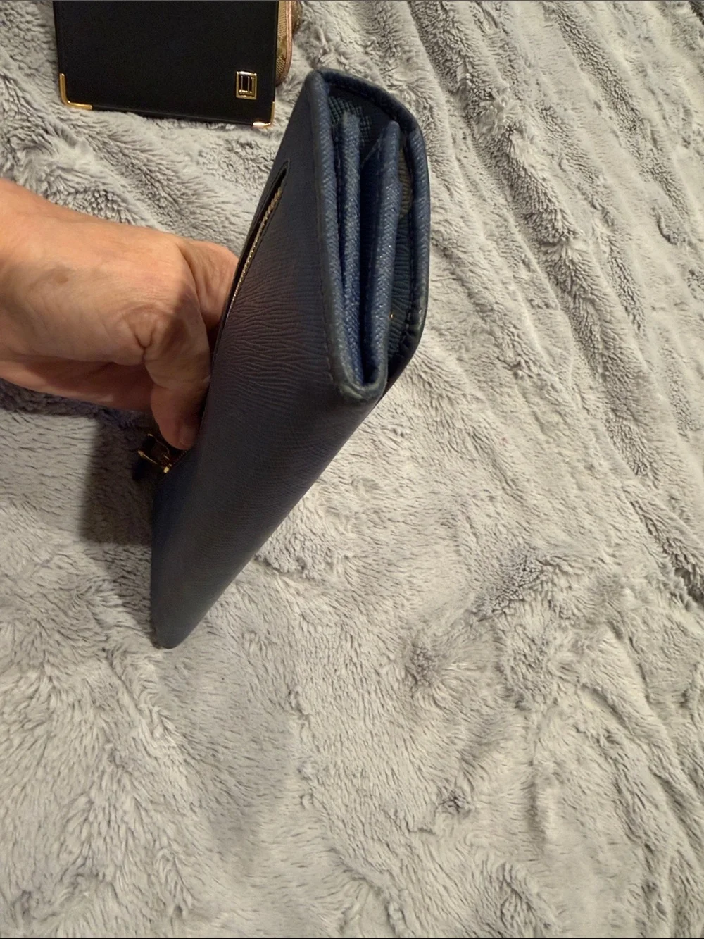 Prada Dark Blue Saffiano Leather Flap Wallet with Gold Logo